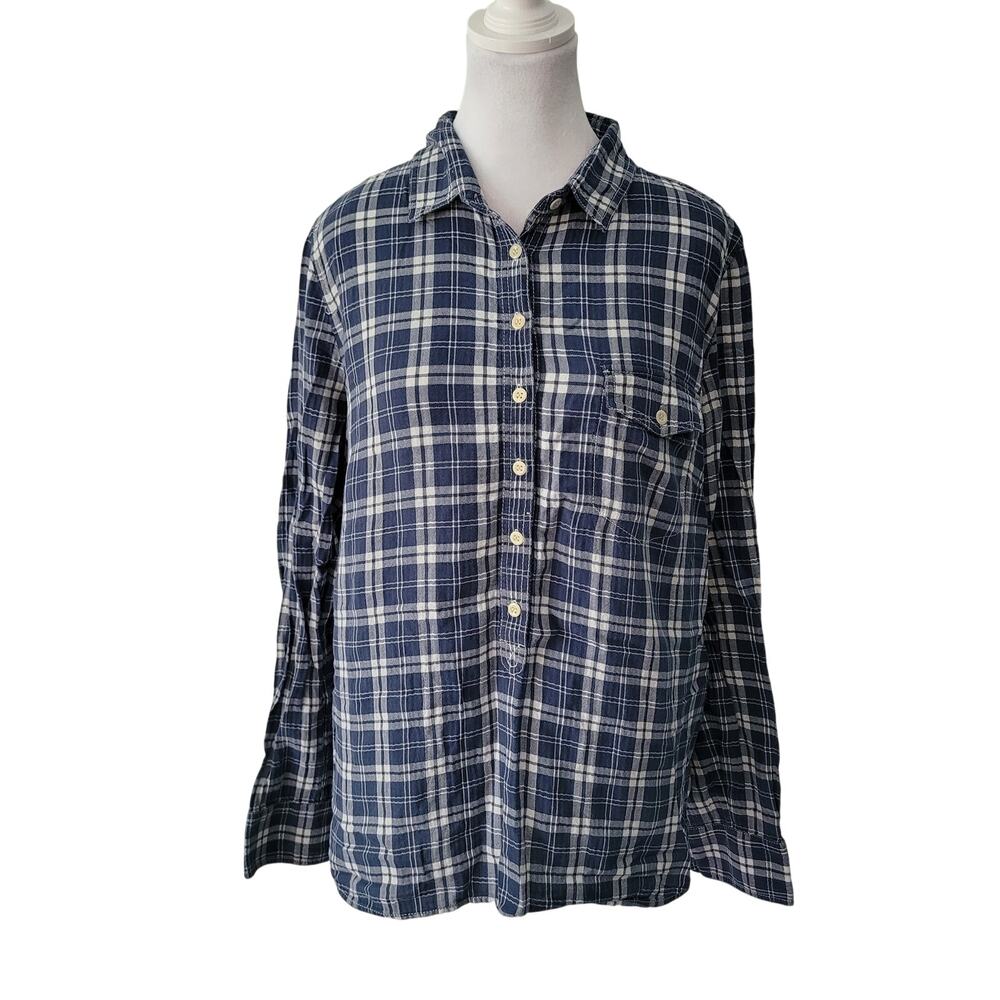 J.Crew Size L Blue Plaid Popover Shirt Button Neck Long‎ Sleeve Relaxed Fit